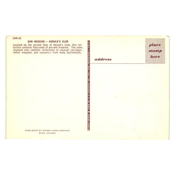 Vintage Postcard Gun Museum Harolds Club Reno NV Weapons Souvenirs Slot Machines - Picture 2 of 2